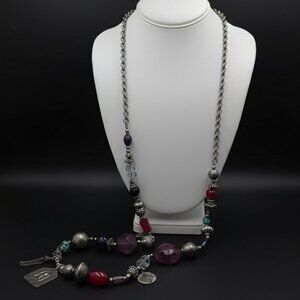 Chicos Purple Red Blue  Silver Turquoise Beaded Bohemian Necklace